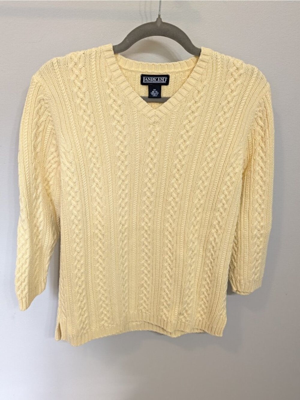 Vtg Lands End Women's M Butter Yellow Cable Knit V Neck Sweater 3/4 Sleeve